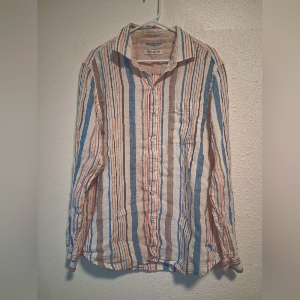 Tommy Bahama Colorful Striped 100% Linen Mens Long Sleeve Button Down Shirt